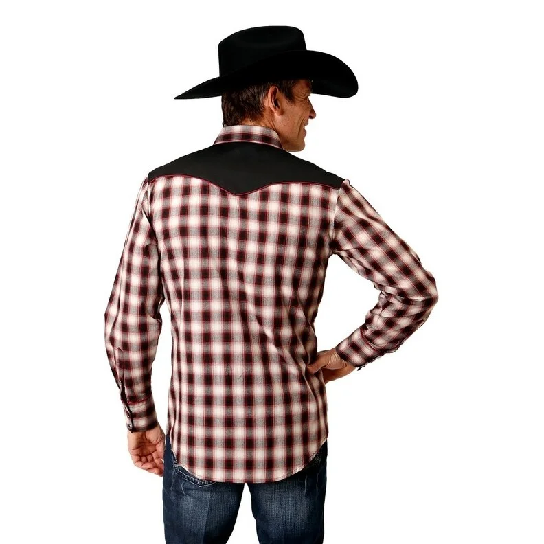 Roper Western Shirt Mens L/S Plaid Fancy Yoke Wine 01-001-0024-6036 WI