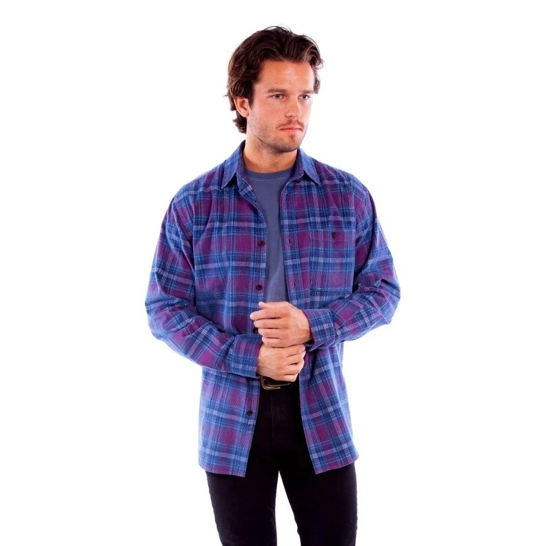 Scully Western Shirt Mens L/S Corduroy Plaid Button Red Blue F0_5360