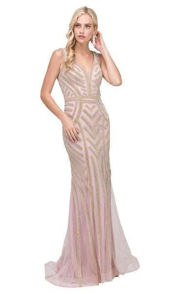 maxi prom dressesDancing Queen - Beaded Plunging Fitted Prom Gown 2391 - 1 pc Dusty Pink/Gold In Size 3XL Available