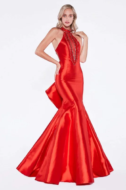 mid-length prom dressesCinderella Divine - 72046 Halter Tonal Cutout Prom Dress