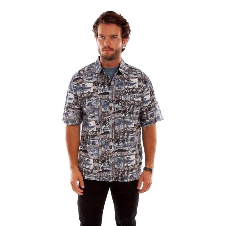 Scully Western Shirt Mens S/S Hawaiian Print Midnight Sky F0_5351