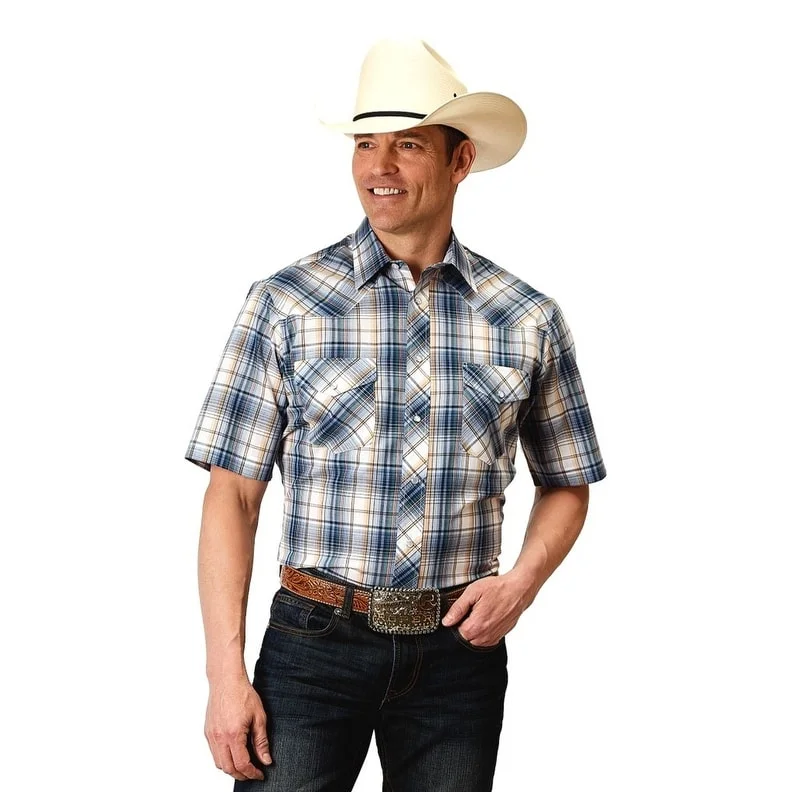 Roper Western Shirt Mens Snap Plaid S/S Blue 01-002-0101-3004 BU