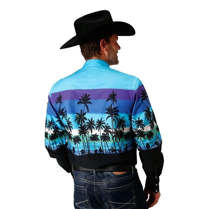 Roper Western Shirt Mens L/S Scenic Snap Blue 03-001-0421-0306 BU