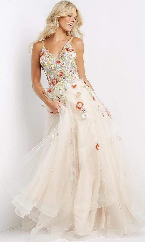 ball gown prom dressesJVN by Jovani - JVN08082SC Floral Applique Prom Dress