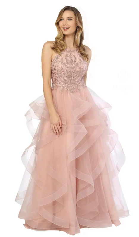 thigh-high slit prom dressesNox Anabel - S266 Embroidered Ruffled Tulle Prom Dress