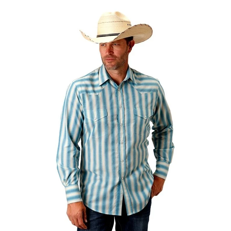 Roper Western Shirt Mens L/S Ombre Stripe Aqua 01-001-0044-0250 BU