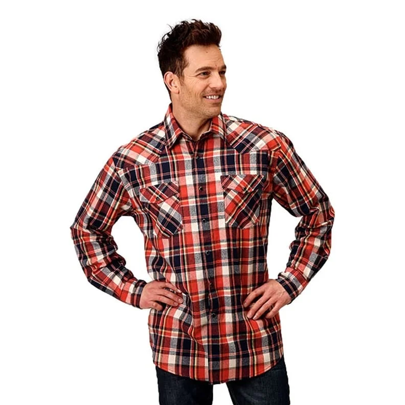 Roper Western Shirt Mens L/S Plaid Flannel Orange 03-001-0722-4694 OR