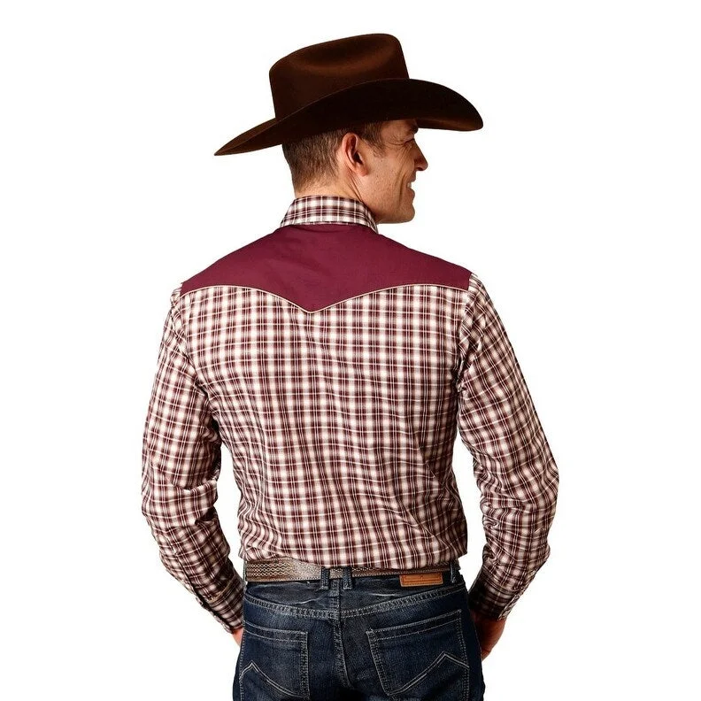 Roper Western Shirt Mens L/S Small Plaid Wine 01-001-0024-6073 WI