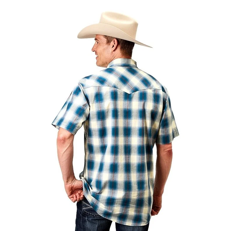 Roper Western Shirt Mens S/S Plaid Pearl Snap Blue 03-002-0062-0313 BU