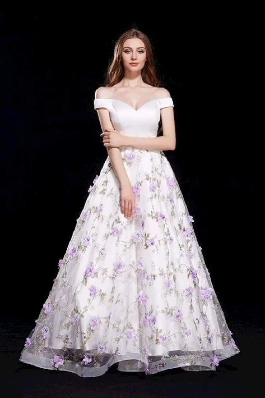 floral prom dressesJ'Adore Dresses - J12006 Off Shoulder Floral A-Line Prom Gown