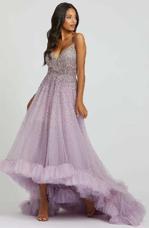 prom dresses with lace appliquésMac Duggal Prom - 11111M Ruffled Hem Tulle Beaded Gown