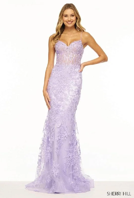 thigh-high slit prom dressesSherri Hill 56252 - Lace Corset Bodice Prom Gown