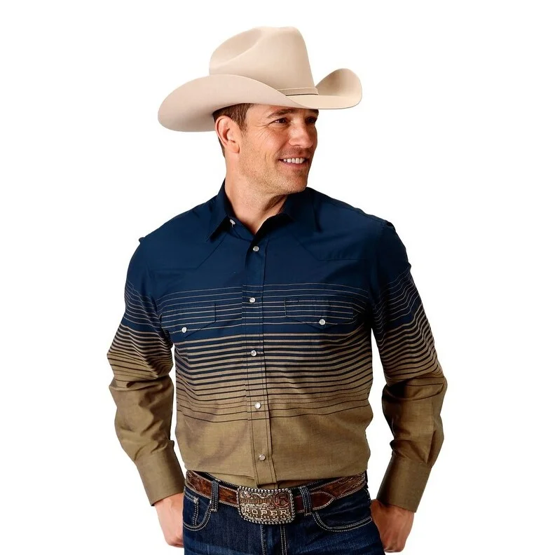 Roper Western Shirt Mens L/S Stripe Snap Navy 01-001-0043-0455 BU