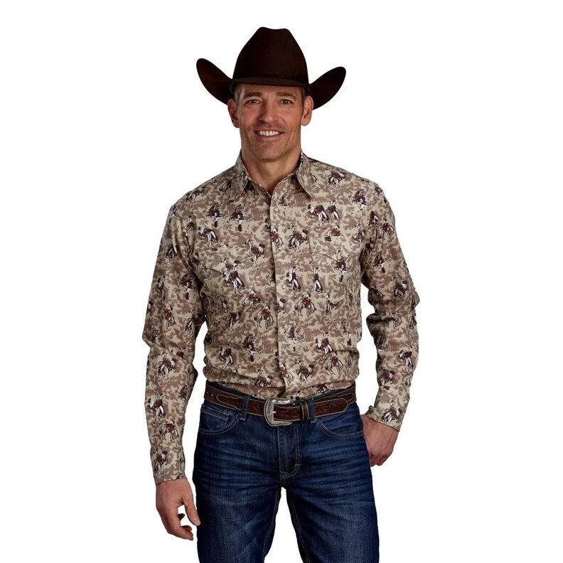 Roper Western Shirt Mens L/S Cowboy Print Brown 03-001-0486-0651 BR