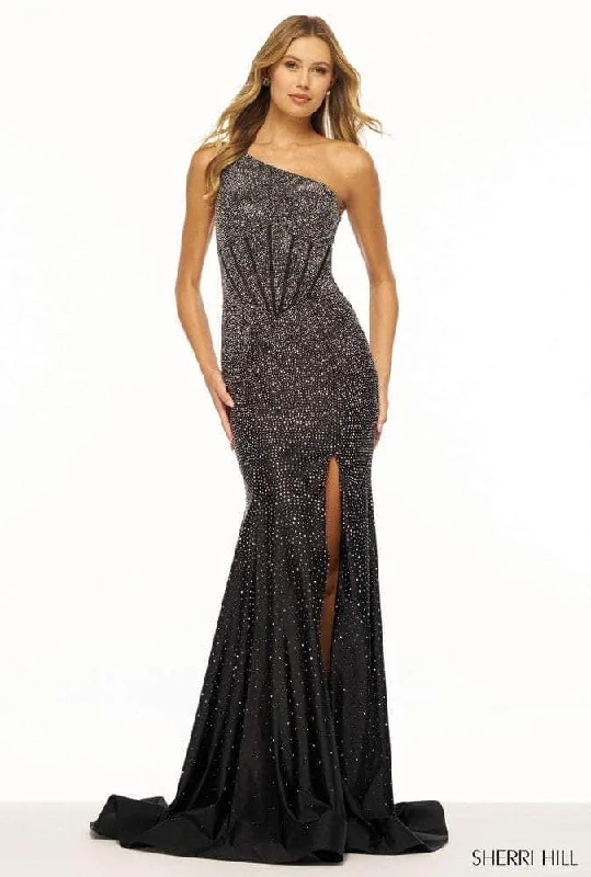 open-back prom dressesSherri Hill 56181 - One-Sleeve Hot Fix Embellished Prom Gown