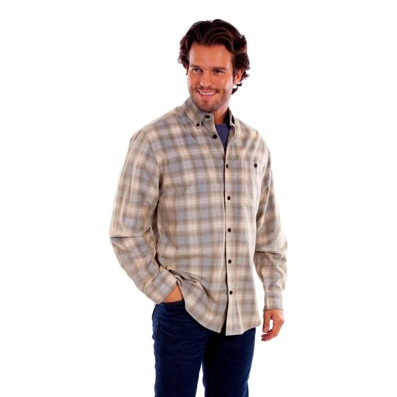 Scully Western Shirt Mens L/S Corduroy Plaid Button Blue Tan F0_5358