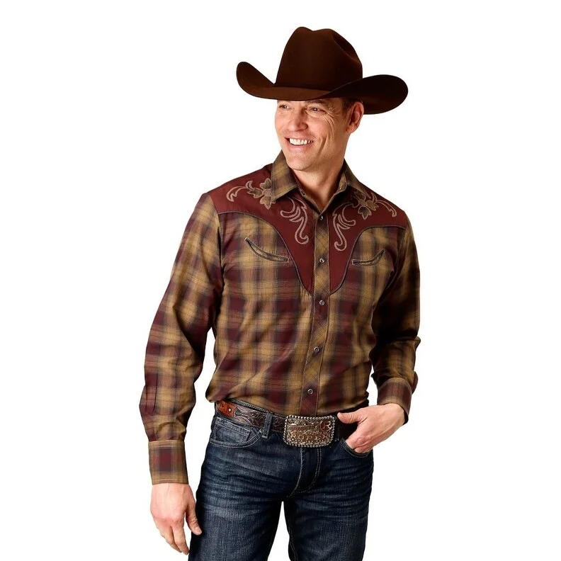 Roper Western Shirt Mens L/S Applique Brown 01-001-0024-6071 BR