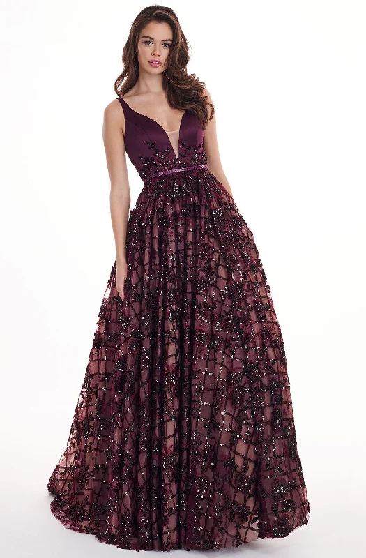 open-back prom dressesRachel Allan 6431 - Sleeveless V Neck Floral Lace A-Line Prom Gown