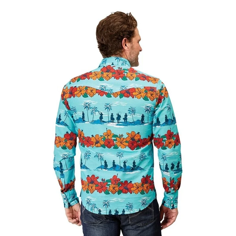 Roper Western Shirt Mens L/S Hawaiian Snap Blue 03-001-0064-0318 BU