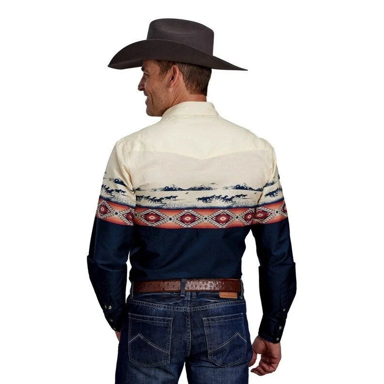 Roper Western Shirt Mens L/S Border Scenic Blue 03-001-0421-0648 BU