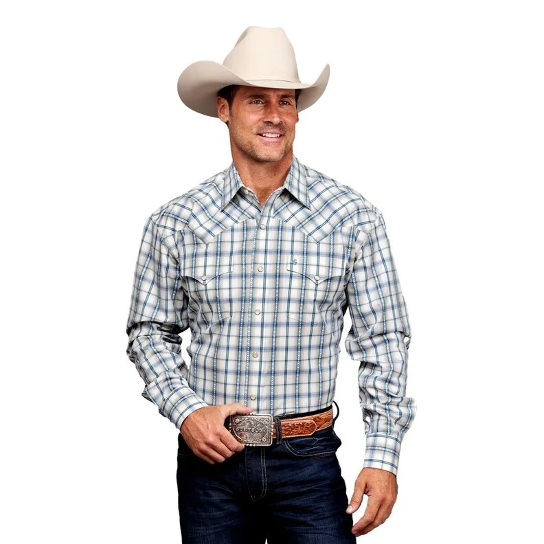 Stetson Western Shirt Mens L/S Shadow Plaid Blue 11-001-0478-5021 BU