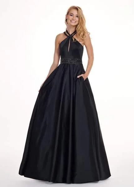 petite prom dressesRachel Allan 6464 - Double Strap Halter Satin A-Line Prom Dress