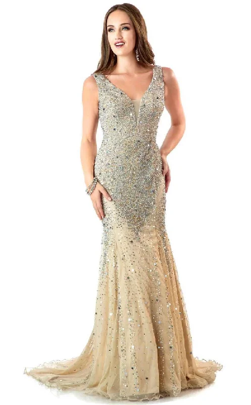 mid-length prom dressesShail K 1143 Star Studded V Neck Long Prom Dress - 1 pc Nude/Silver In Size 16 Available