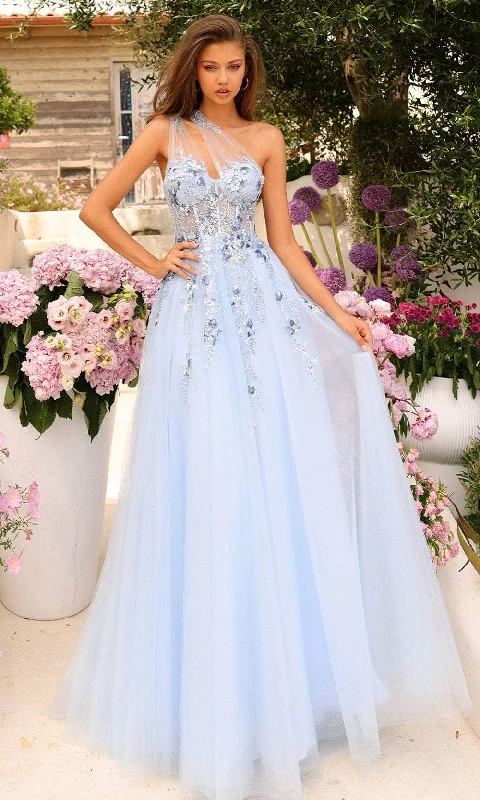 prom dresses with lace appliquésAmarra 88838 - Embellished One-Sleeve Prom Dress