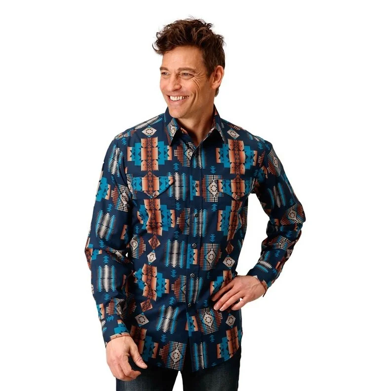 Roper Western Shirt Mens L/S Vintage Aztec Blue 03-001-0485-0613 BU