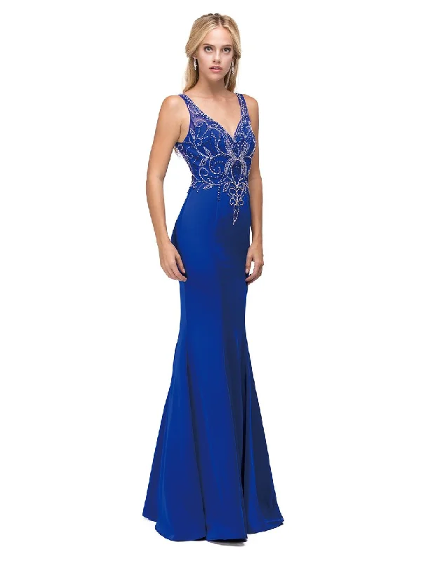 tulle prom dressesDancing Queen Long Beaded V-Neck Bodice Prom Dress 9671