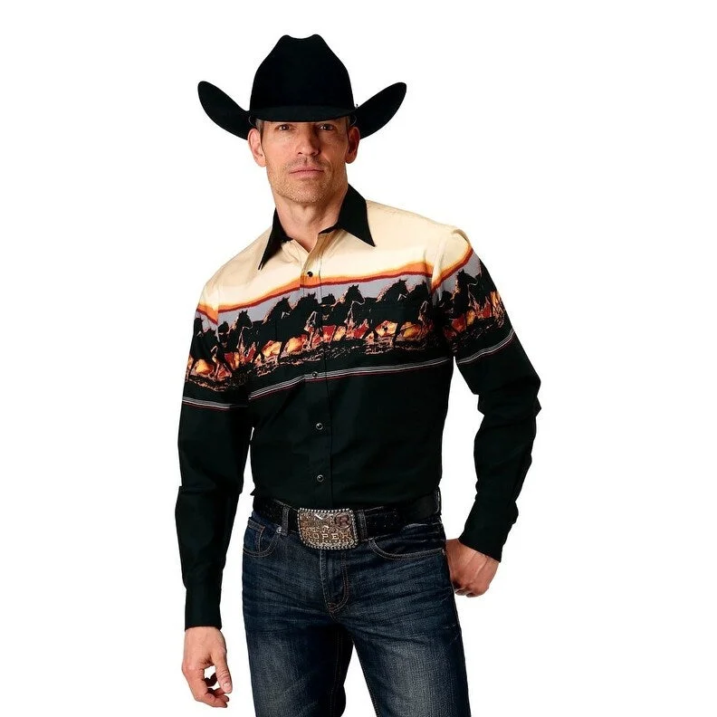 Roper Western Shirt Mens L/S Horse Border Black 03-001-0421-0106 BL