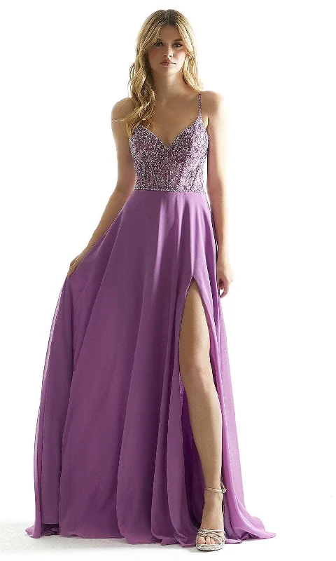 sleeveless prom dressesMori Lee 49070 - Sheer High Slit Prom Dress