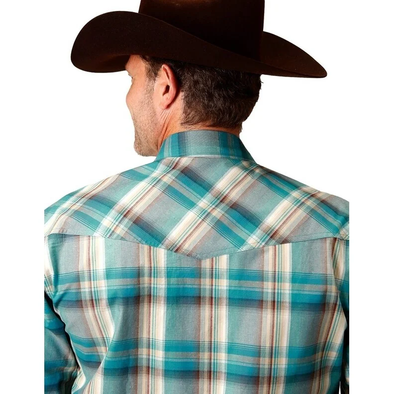 Roper Western Shirt Mens L/S Plaid Turquoise 03-001-0278-7029 BU