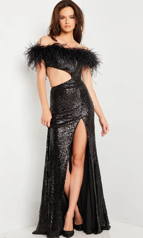 halter neck prom dressesJovani 36808 - Feathered Off Shoulder Prom Dress