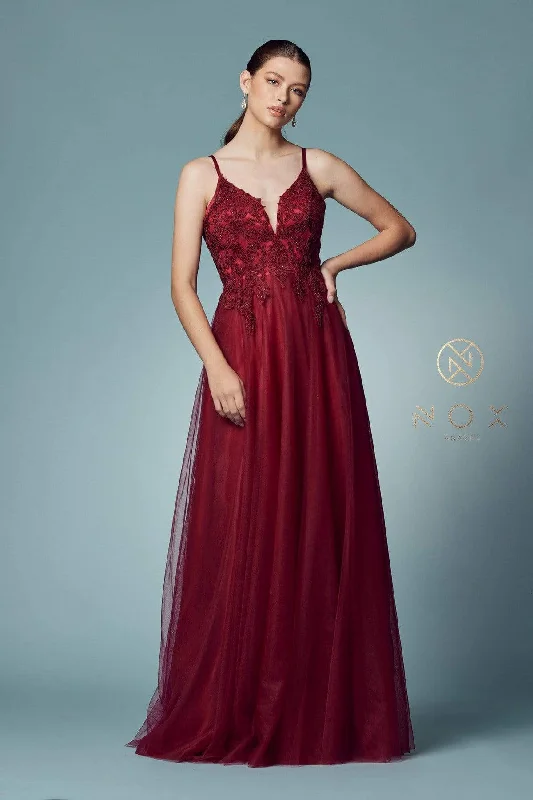 long prom dressesNox Anabel - Laced Deep V-Neck Prom Gown R357