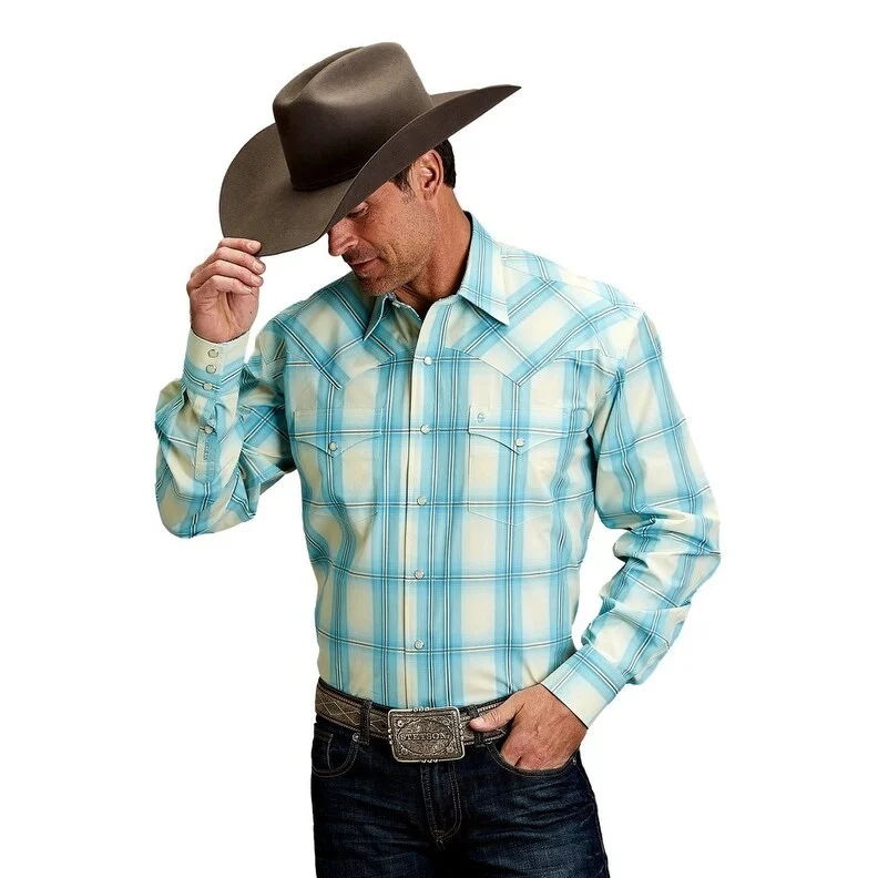 Stetson Western Shirt Mens Snaps L/S Plaid Aqua 11-001-0478-2043 BU