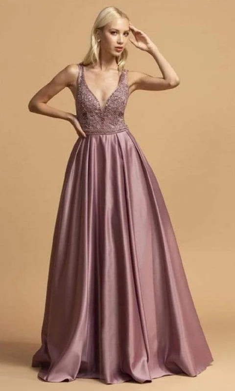 Formal Dress for Vintage ThemesTrevi Collection - L2001 Embroidered Deep V Neck Satin A-Line Gown