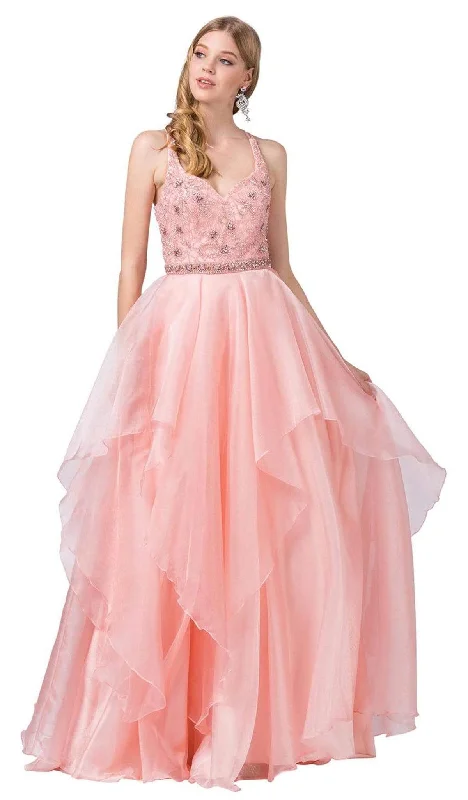 Formal Dress for Academic AwardsDancing Queen - 2524 Embellished Halter V-neck Tiered Ballgown