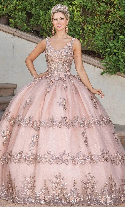 Formal Dress for Awards CeremoniesDancing Queen 1763 - V-Neck Floral Glitter Ballgown