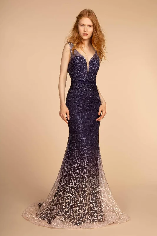 Formal Dress for Black-Tie Optional EventsGLS by Gloria - Trailing Floral Ombre Mermaid Gown GL2556 - 1 pc Navy Purple In Size S Available