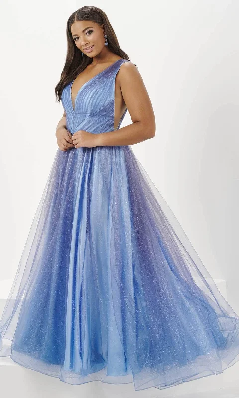 Formal Dress for Semi-Formal EventsTiffany Designs 16134 - Plunging V-Neck Glitter Ombre Ballgown