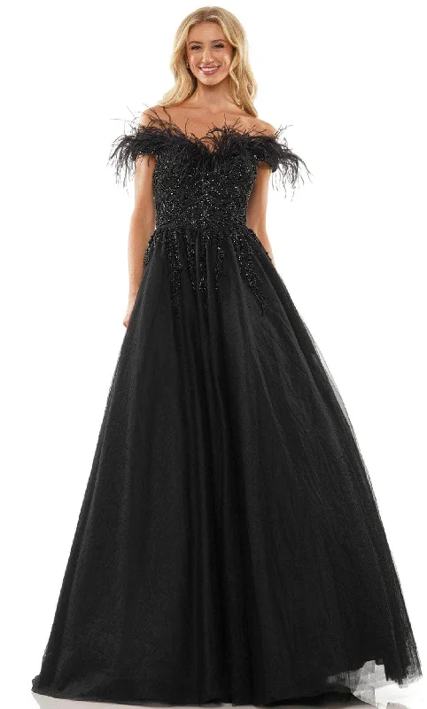 Formal Dress for Theme Park EventsColors Dress 2992 - Feather Accented Off Shoulder Ballgown