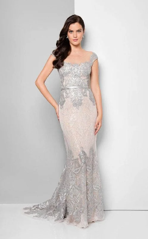 Formal Dress for Runway ShowsTerani Couture - 1713M3505 Embroidered Lace Portrait Mermaid Gown - 1 pc Gunmetal Nude In Size 4 Available