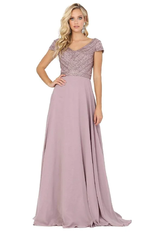 Formal Dress for Literary AwardsDancing Queen - 4015 Short Sleeve Beaded Bodice Chiffon Gown