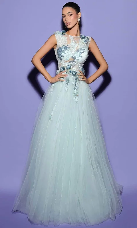 Formal Dress for Awards CeremoniesTarik Ediz 98444 - Floral Applique Illusion A-line Gown