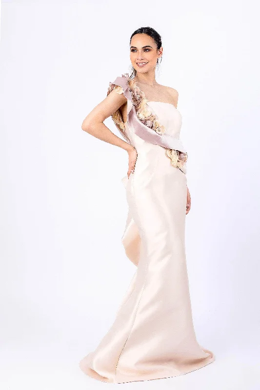 Formal Dress for Cocktail PartiesTerani Couture - 2011E2424 One Shoulder Floral Ruffle Trimmed Gown