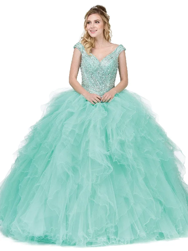 Formal Dress for Golden GlobesDancing Queen - 1273 Crystal Adorned Cap Sleeve Quinceanera Ballgown