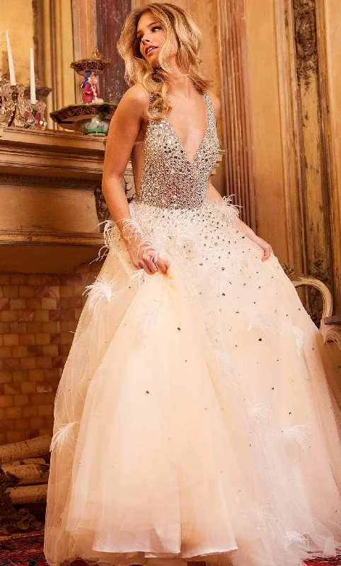 Formal Dress for Beach ThemesJovani 24255 - Beaded V-Neck Feather Ballgown