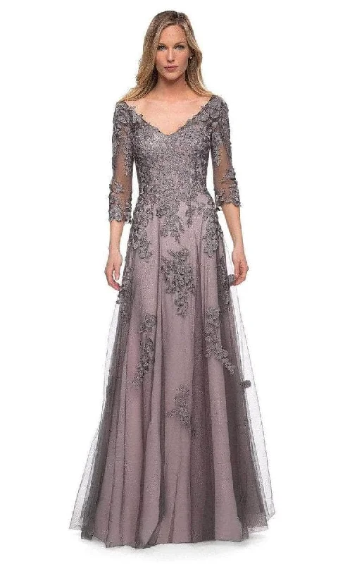 Formal Dress for Black-Tie Optional EventsLa Femme - 29205SC Floral Appliqued V-neck Formal Gown - 1 pc Pink/Gray in Size 6 Available