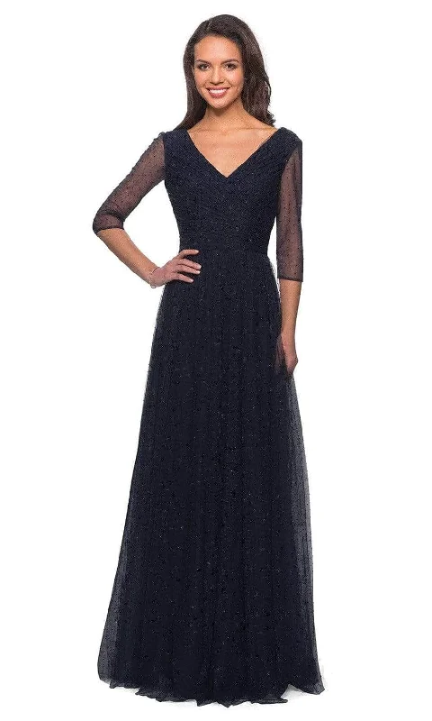 Formal Dress for Winter WeddingsLa Femme - Quarter Sleeve Glitter Formal Dress 28097SC